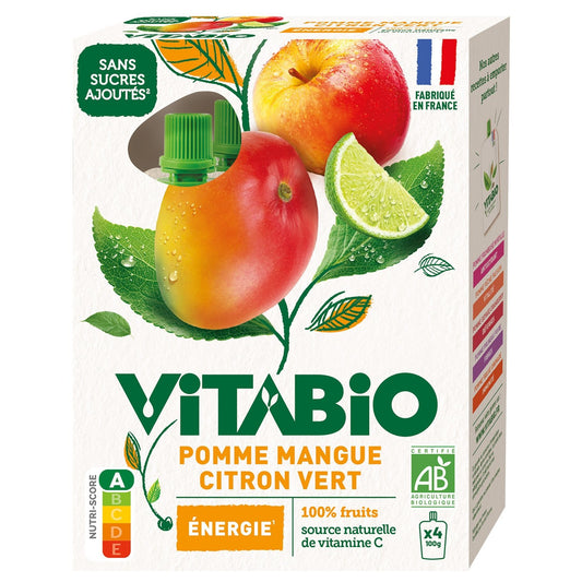 Compote Pomme, Mangue et Citron Vert Energie Bio VITABIO les 4 gourdes de 100g