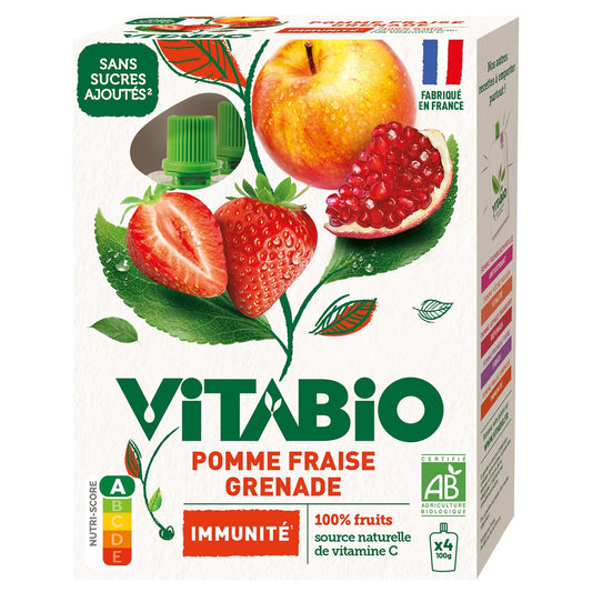 Compote Pomme, Fraise et Grenade Immunité Bio VITABIO les 4 gourdes de 100g