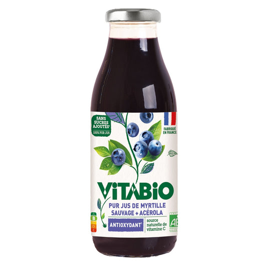 Jus Myrtille Sauvage 100% Pur Jus Sans Sucres Ajoutés Bio VITABIO la bouteille de 50cl