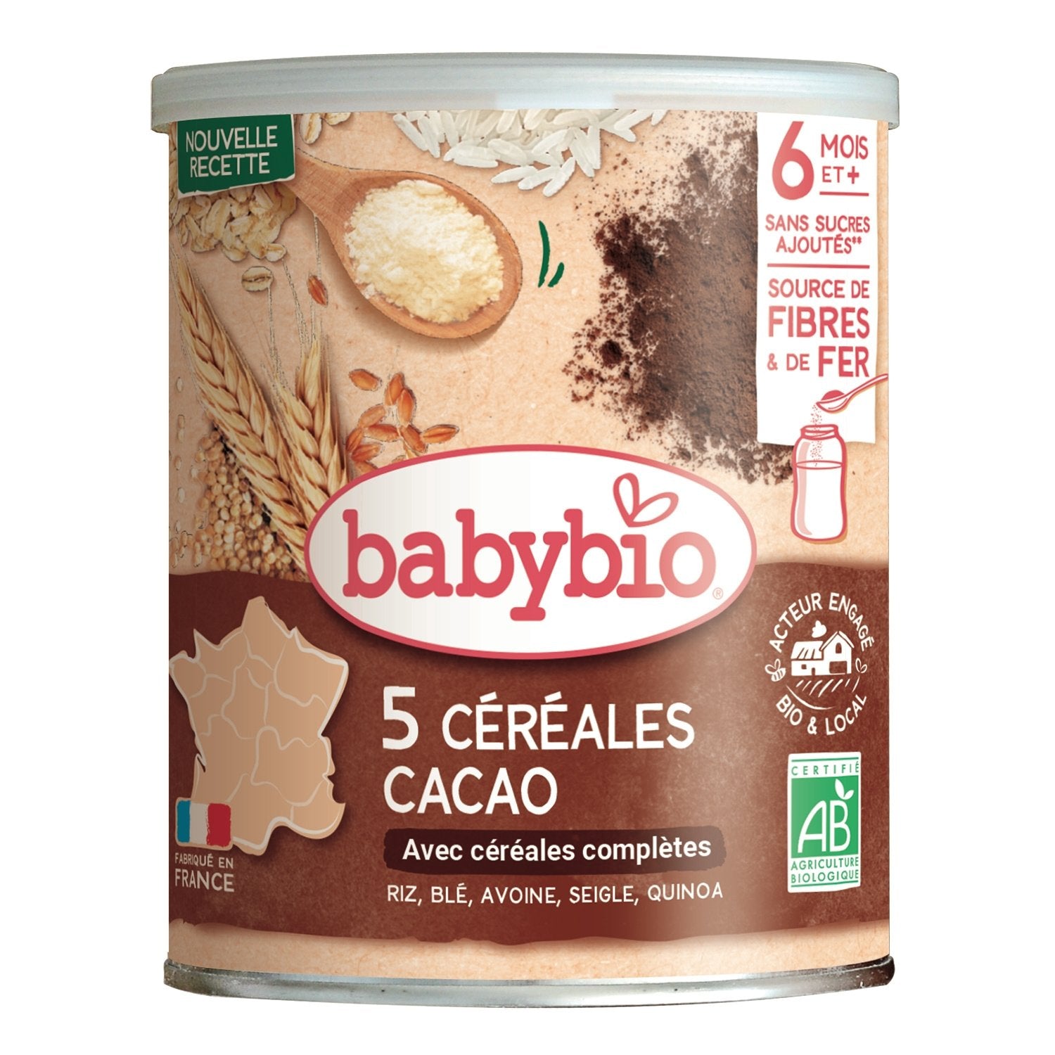 Céréales Bébé Dès 6 Mois 5 Céréales Cacao Bio BABYBIO la boite de 220 g