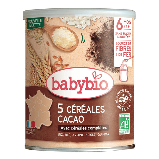 Céréales Bébé Dès 6 Mois 5 Céréales Cacao Bio BABYBIO la boite de 220 g