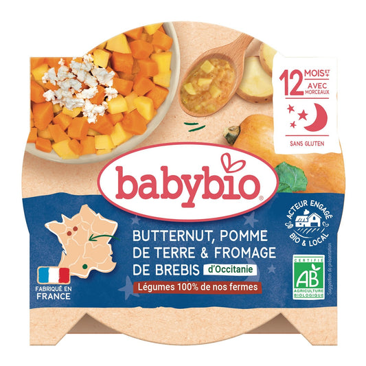 Plat Bébé du Soir Dès 12 Mois Butternut Pomme de Terre Fromage de Brebis Bio BABYBIO l'assiette de 230g