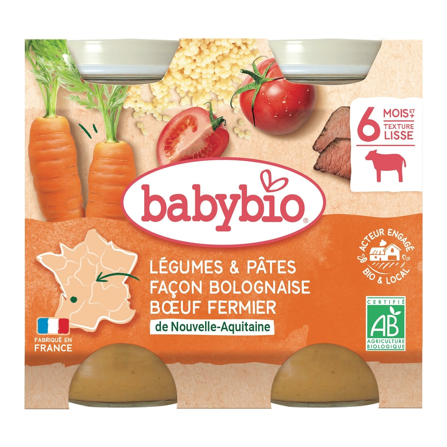 Plat bébé dès 6 mois Légumes Pâtes Bolo Babybio BABYBIO les 2 pots de 200 g