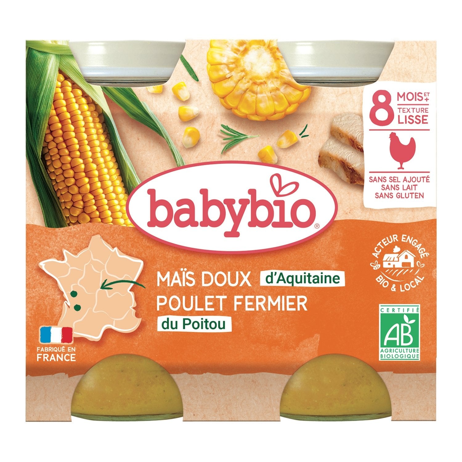 Plat Bébé Dès 8 Mois Maïs Poulet Menu du Jour Bio BABYBIO les 2 pots de 200 g