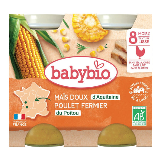 Plat Bébé Dès 8 Mois Maïs Poulet Menu du Jour Bio BABYBIO les 2 pots de 200 g