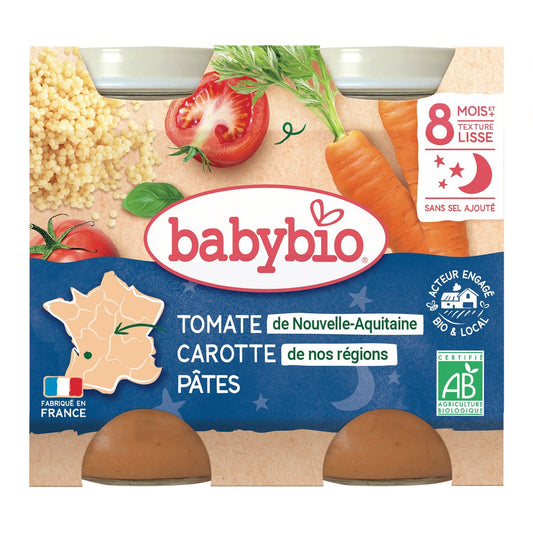 Plat Bébé du Soir Dès 8 Mois Carotte Tomate Pâtes Menu du Jour BABYBIO les 2 pots de 200 g