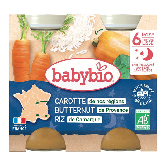 Plat Bébé du Soir Dès 6 Mois Carotte Potimarron Riz Bio BABYBIO les 2 pots de 200 g