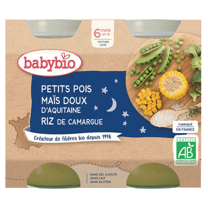 Abendessen für Babys ab 6 Monaten Erbsen Mais Reis Gute Nacht BABYBIO