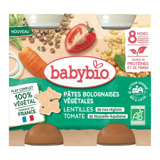 Plat Bébé Dès 8 Mois Pâtes Bolognaises Végétales Lentilles Tomate Bio Babybio BABYBIO les 2 pots de 200g