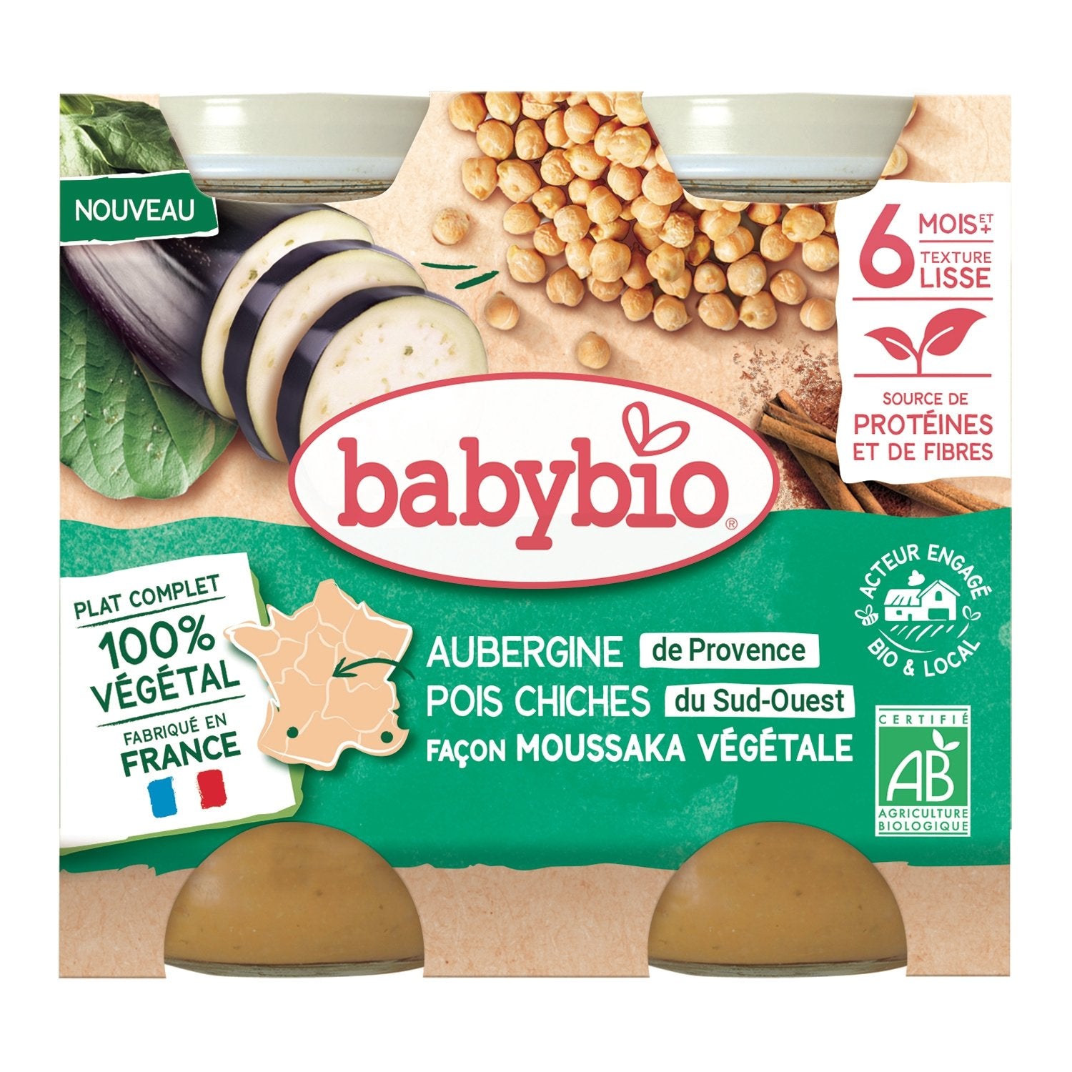 Plat Bébé Dès 6 Mois Aubergines de Provence et Pois Chiche Façon Moussaka Bio BABYBIO la barquette de 400g
