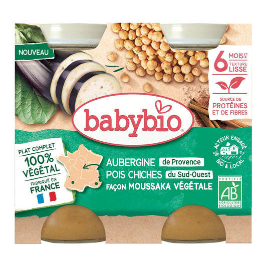 Plat Bébé Dès 6 Mois Aubergines de Provence et Pois Chiche Façon Moussaka Bio BABYBIO la barquette de 400g