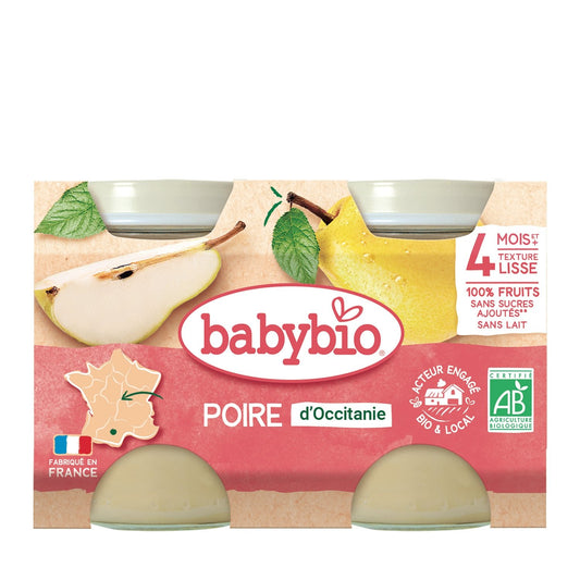 Compotes Bébé Dès 4 Mois Poire de Provence Sans Sucres Ajoutés Bio BABYBIO les 2 pots de 130g