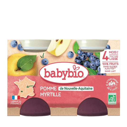Compotes Bébé Dès 4 Mois Pomme Myrtille Sans Sucres Ajoutés Bio BABYBIO les 2 pots de 130g