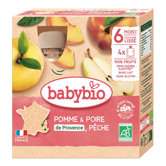Compotes Bébé à Boire Dès 6 Mois Pomme Poire Pêche Sans Sucres Ajoutés Bio BABYBIO les 4 gourdes de 90g