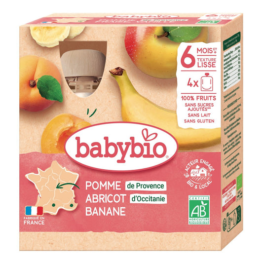Compotes Bébé Dès 6 Mois, Pomme Abricot Banane BABYBIO les 4 gourdes de 90 g