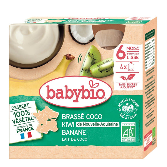 Dessert Bébé à Boire Dès 6 Mois Brassé Lait de Coco Kiwi Banane Sans Sucres Ajoutés Bio BABYBIO les 4 gourdes de 85g