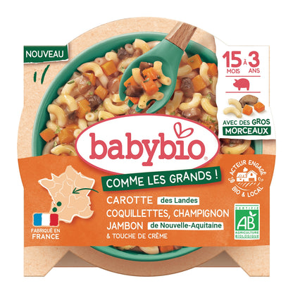 Plat cuisiné pour bébé de 15 mois à 3 ans carotte des Landres coquillettes champignon jambon de Nouvelle-Aqui Bio BABYBIO 