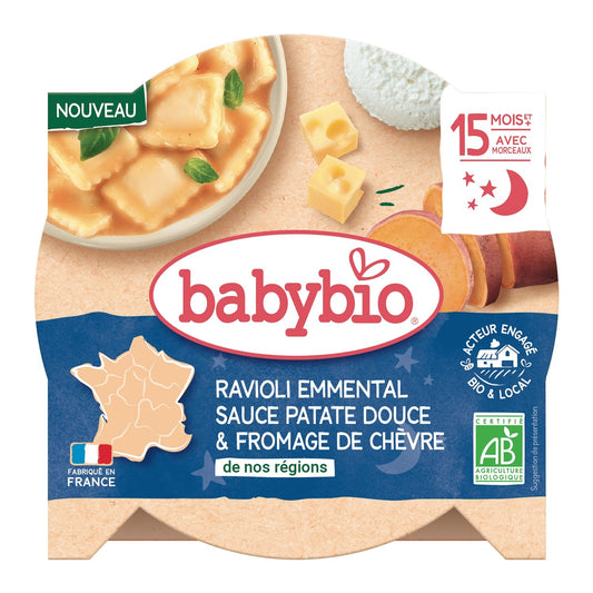 Plat Bébé du Soir Dès 15 Mois Ravioli Emmental Sauce Patate Douce et Fromage de Chèvre Bio BABYBIO la barquette de 190g