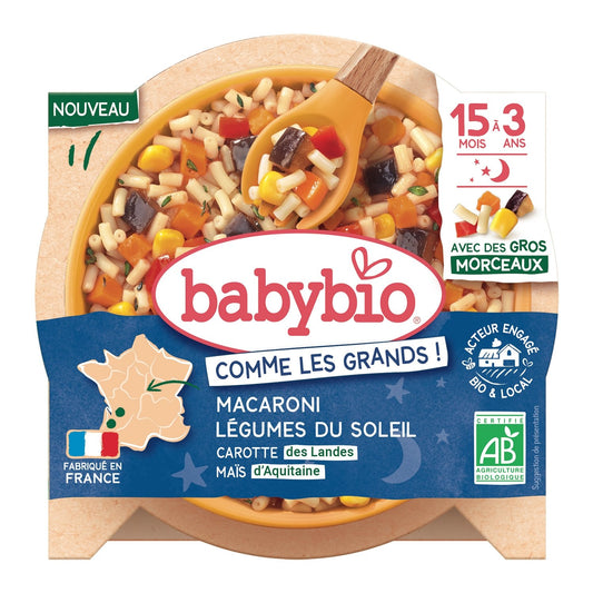 Plat Bébé du Soir Dès 15 Mois Macaroni Légumes du Soleil BABYBIO la barquette 200g