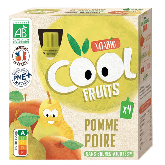 Compote à Boire Pomme de France Poire Sans Sucres Ajoutés Bio VITABIO 4 gourdes de 90g