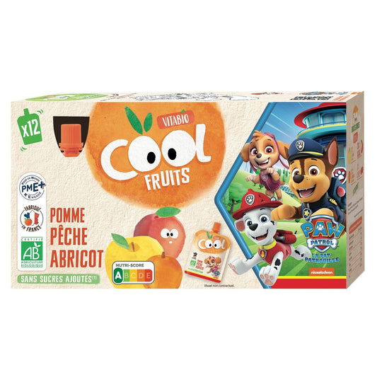 Compote à Boire la Pat's Patrouille Pomme de France Pêche Abricot Sans Sucres Ajoutés Bio VITABIO 12 gourdes de 85g