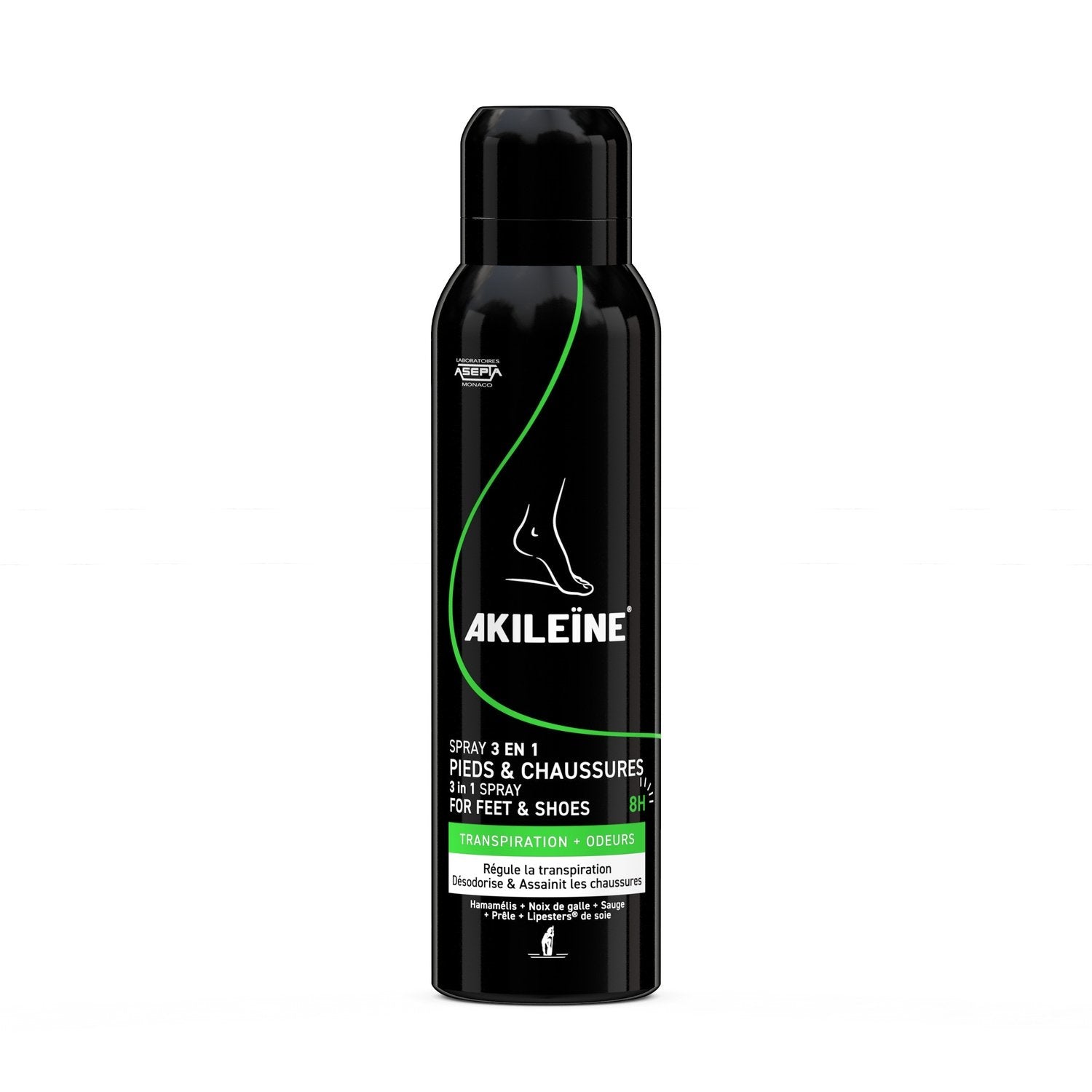 Déodorant Spray 3 en 1 Noir Pieds et Chaussures AKILEINE le flacon de 150mL