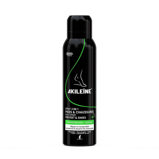 Déodorant Spray 3 en 1 Noir Pieds et Chaussures AKILEINE le flacon de 150mL