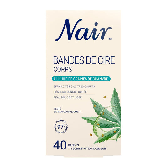 Bandes de Cire Froide Corps Peau Sensible Poils Très Courts Parfum Relaxant Huile de Chanvre NAIR la boîte de 40 bandes + 4 lingettes