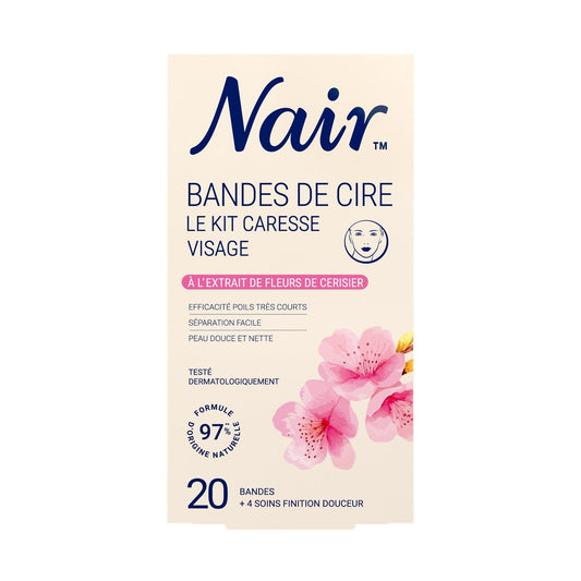 Bandes de Cire Froide Visage Peau Sensible Caresse Spécial Fleur de Cerisier NAIR la boite de 20 bandes