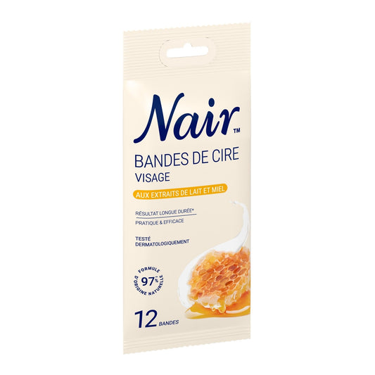 Bandes de Cire Froide Visage Peau Sensible Longue Durée aux Extraits de Lait et Miel NAIR le sachet de 12 bandes