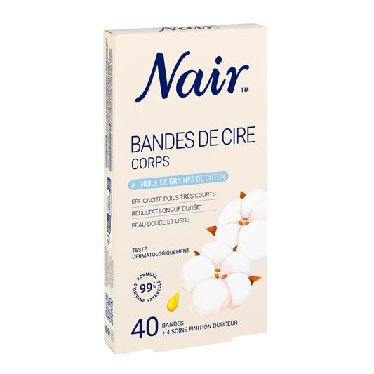 Bandes de Cire Corps Huile de Graines de Coton 99% d'Ingrédients d'Origine Naturelle NAIR la boite de 40 Bandes de cire