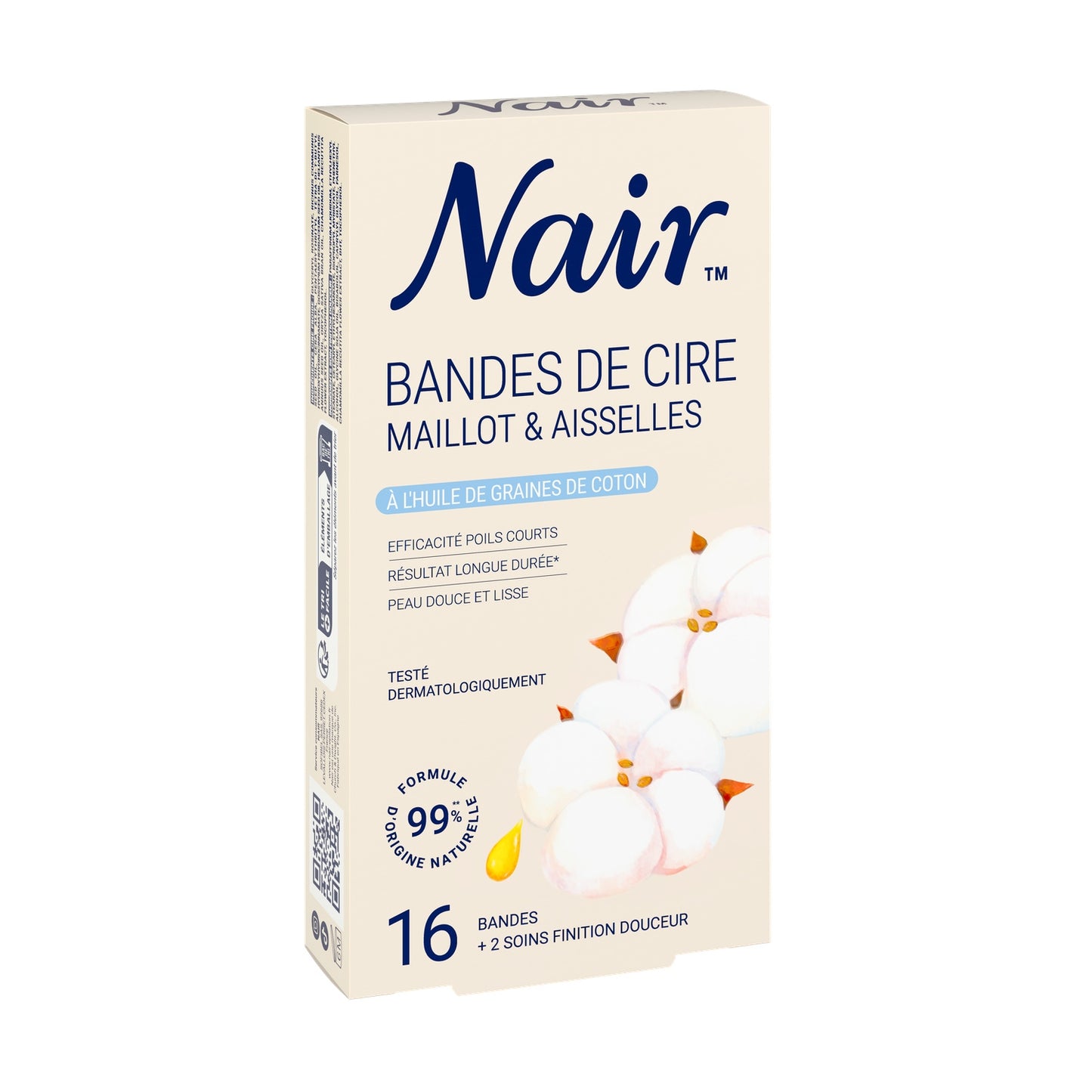 Bandes de cire Froide Maillot Aisselles Efficacité Poils Courts Résultat Longue Durée Peau Douce Et Lisse Testé Dermatologiquement Formule 99%+ D'Origine Naturelle Huile De Graine De Coton NAIR 