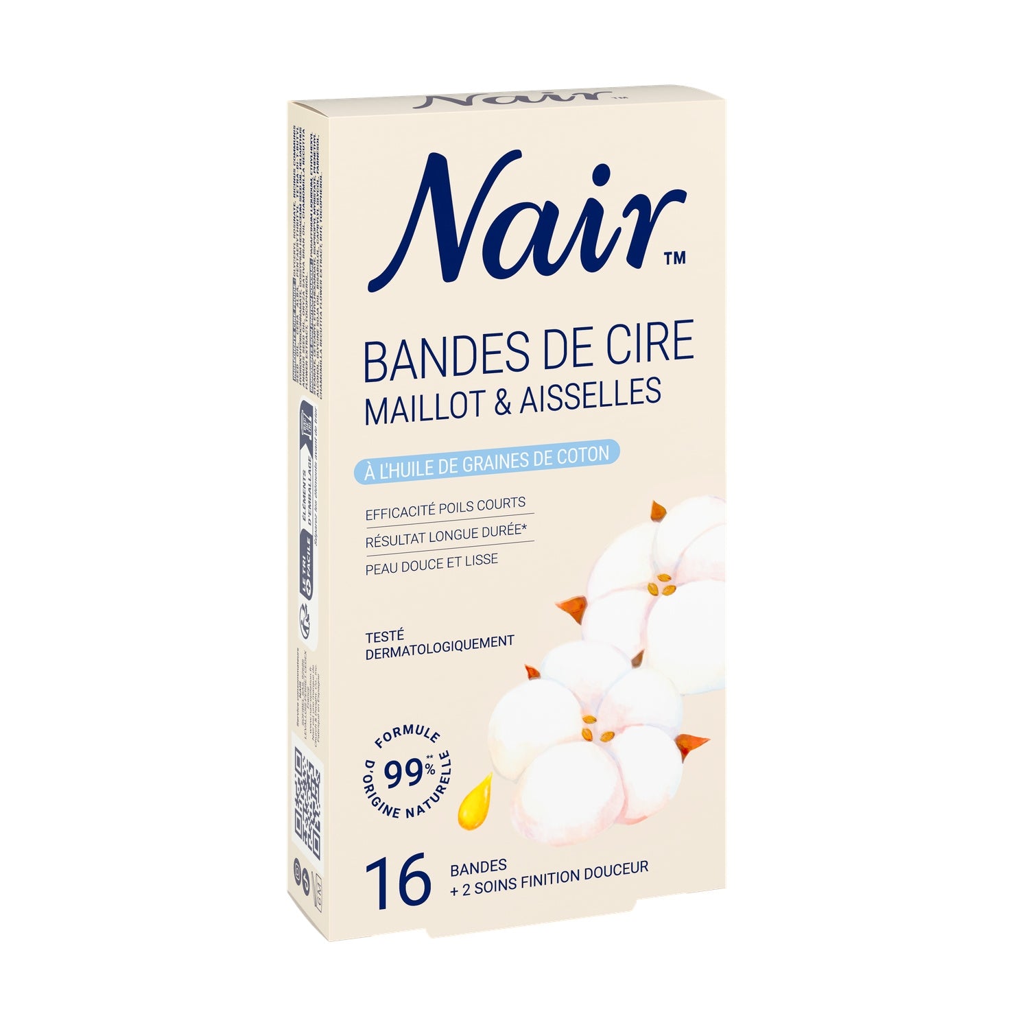 Bandes de cire Froide Maillot Aisselles Efficacité Poils Courts Résultat Longue Durée Peau Douce Et Lisse Testé Dermatologiquement Formule 99%+ D'Origine Naturelle Huile De Graine De Coton NAIR 