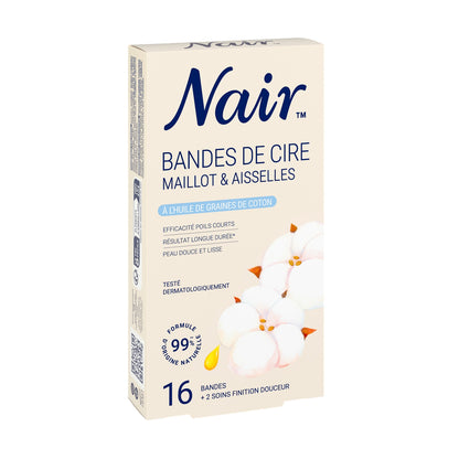 Bandes de cire Froide Maillot Aisselles Efficacité Poils Courts Résultat Longue Durée Peau Douce Et Lisse Testé Dermatologiquement Formule 99%+ D'Origine Naturelle Huile De Graine De Coton NAIR 