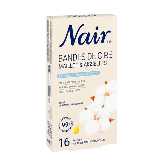 Bandes de cire Froide Maillot Aisselles Efficacité Poils Courts Résultat Longue Durée Peau Douce Et Lisse Testé Dermatologiquement Formule 99%+ D'Origine Naturelle Huile De Graine De Coton NAIR 