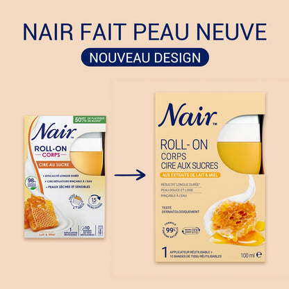 Cire Roll-On Corps Peau Sèche et Sensible Lait et Miel NAIR