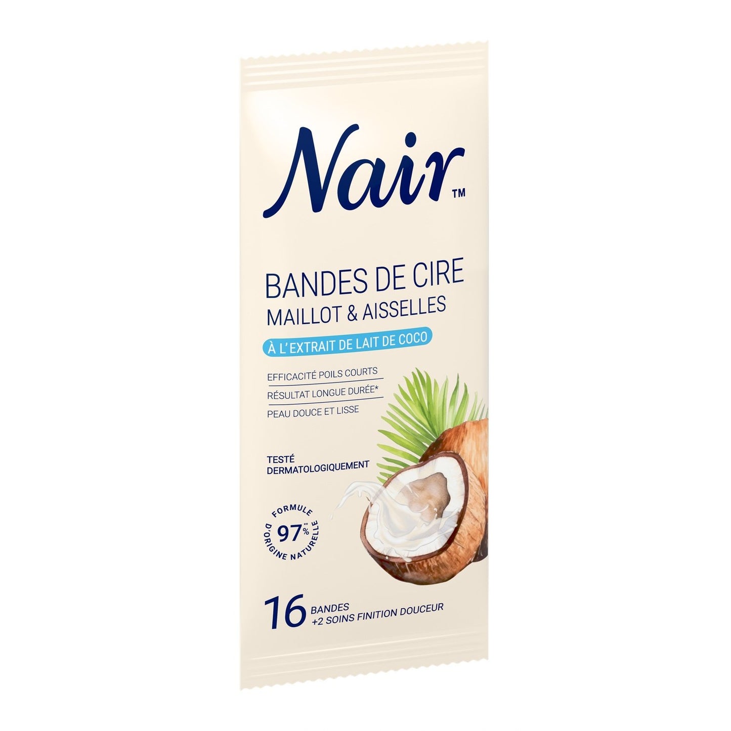 Bandes de Cire Froide Maillot Aisselles Peau Sensible Lait de Coco NAIR le sachet de 16 bandes