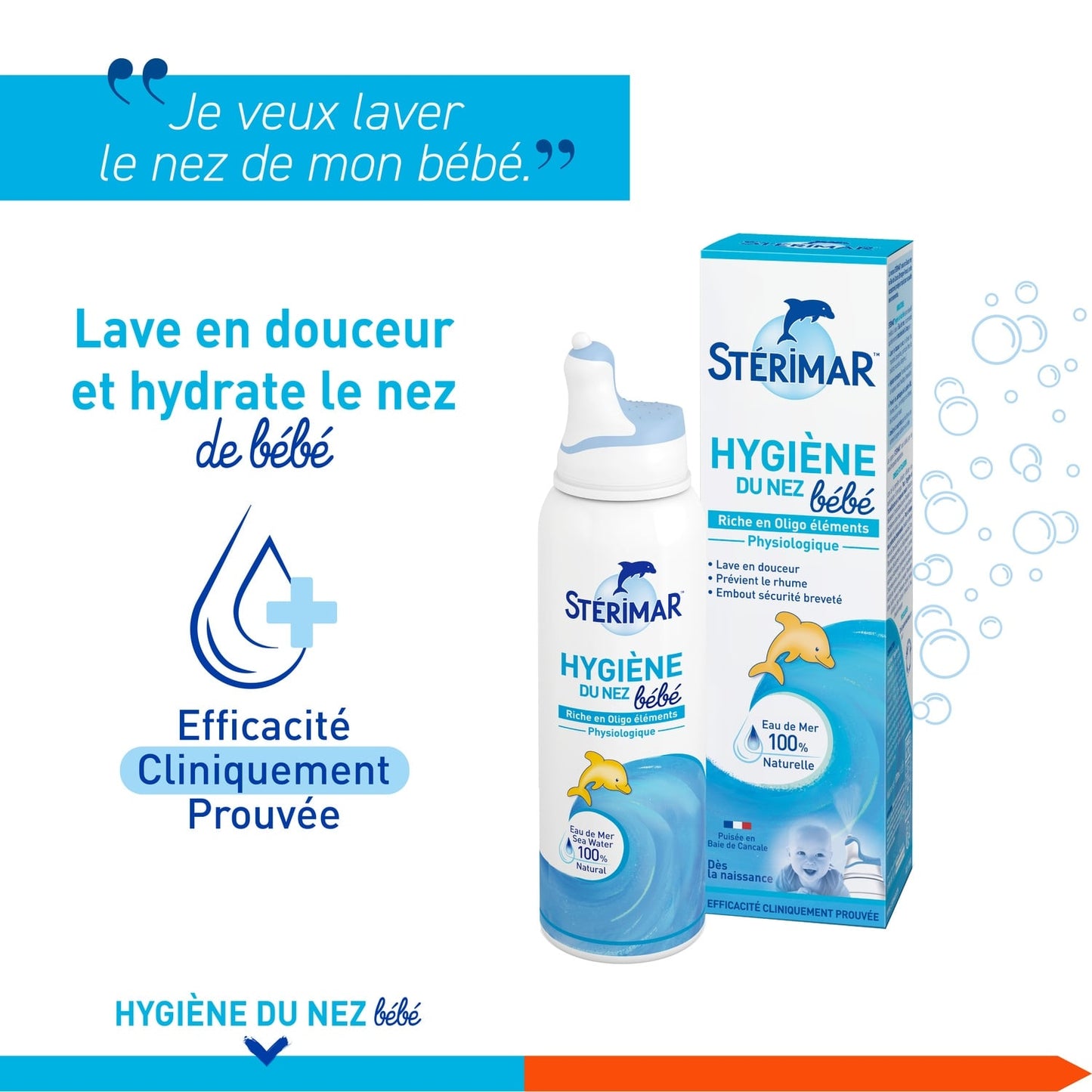 Spray Nasal Physiologique Bébé Lave et Prévient Eau de Mer 100% Naturelle Microdiffusion STERIMAR 