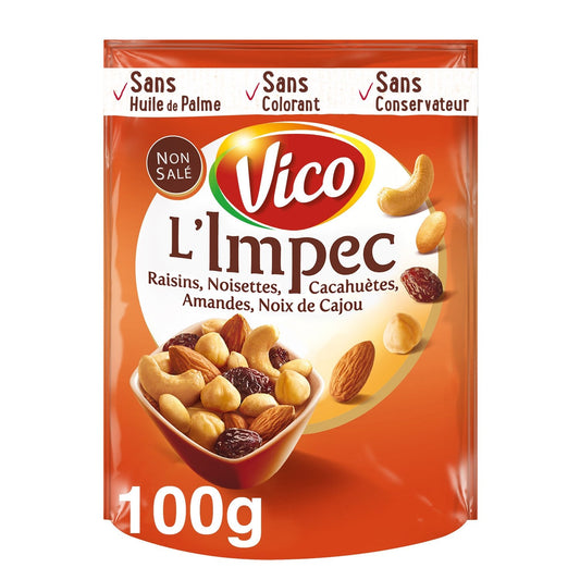 Mélange  l'Impec Raisins, Noisettes, Cacahuètes, Amandes, Noix de Cajou VICO le paquet de 100g
