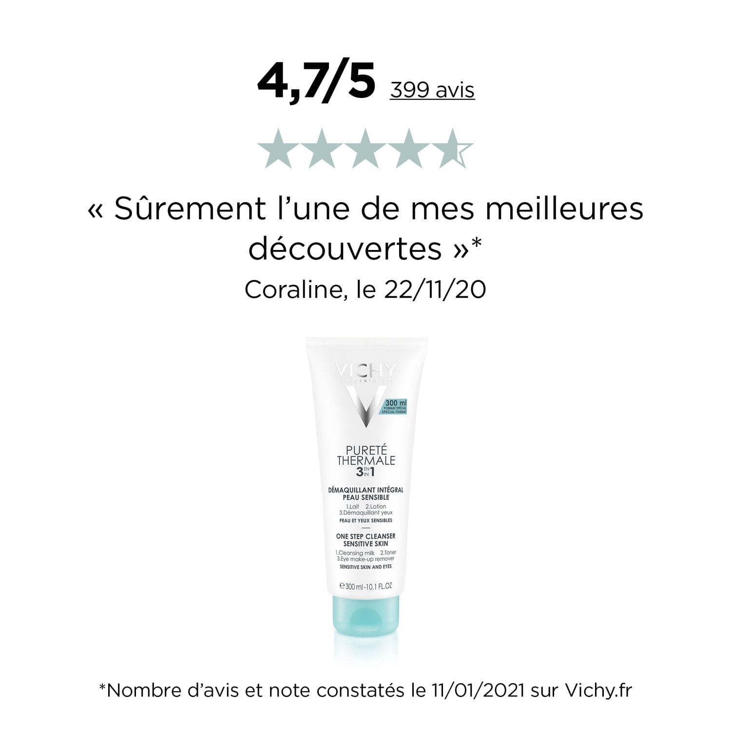 Démaquillant Visage Yeux Peau Sensible 3 en 1 Pureté Thermale VICHY LABORATOIRES 