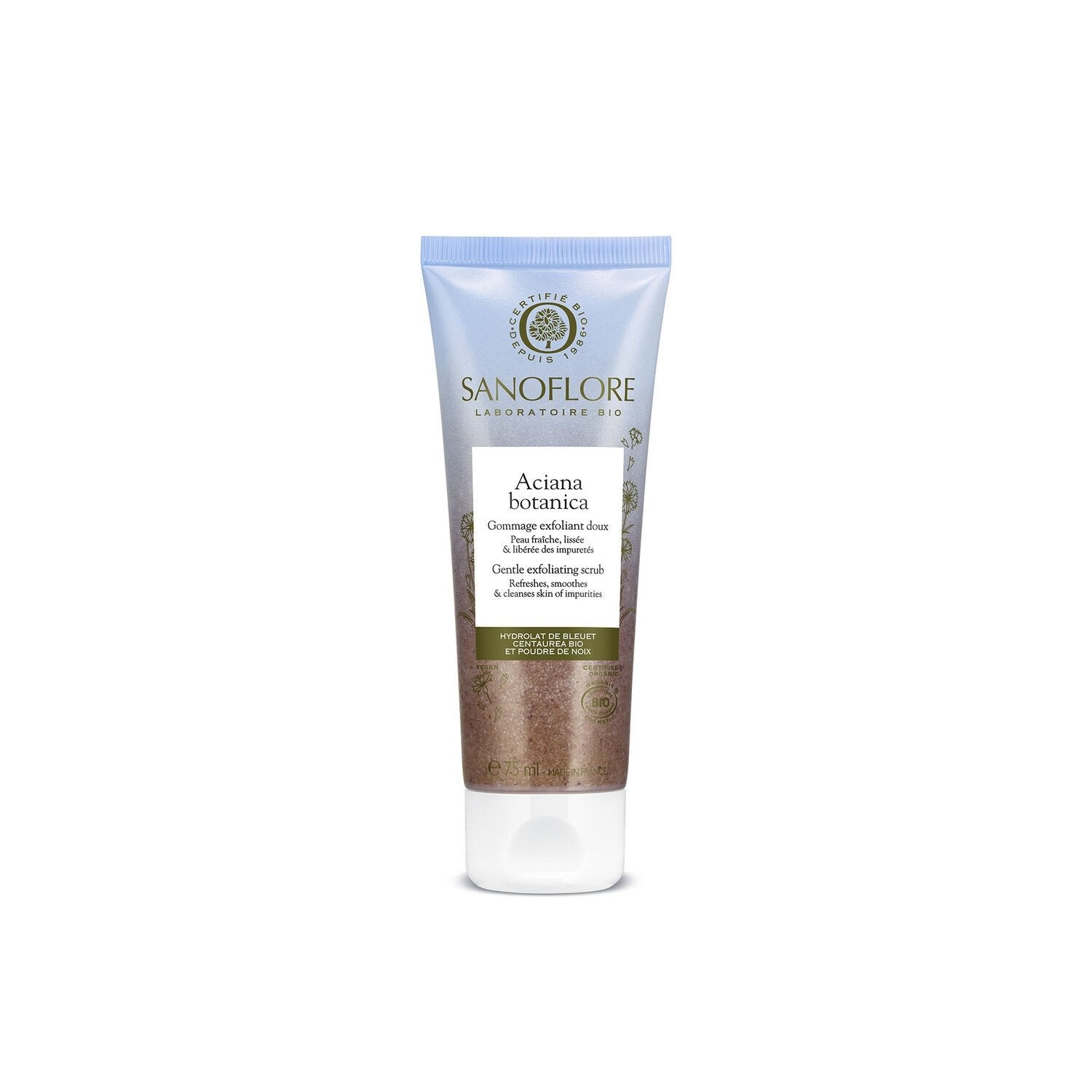 Gommage Visage Peaux Sensibles Exfoliant Doux Aciana à l'Eau de Bleuet Bio SANOFLORE le tube de 75mL