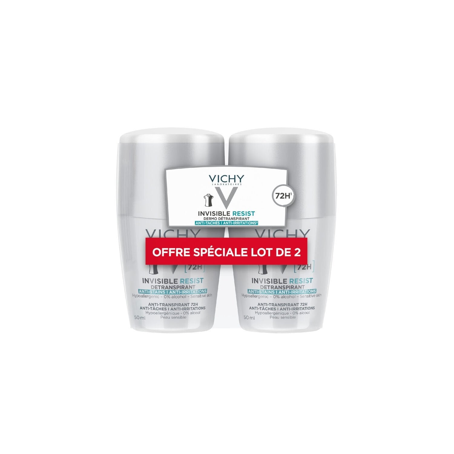 Déodorant Homme Anti-Transpirant Anti-Taches Anti-Irritations 72h Invisible Resist VICHY LABORATOIRES le lot de 2 flacons de 50mL