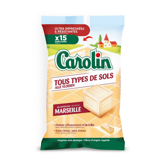 Lingettes Serpillères au Savon de Marseille  Tous Types de Sol CAROLIN le paquet de 15