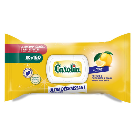 Lingettes Resistantes Ultra Dégraissant au Citron CAROLIN le paquet de 80 lingettes