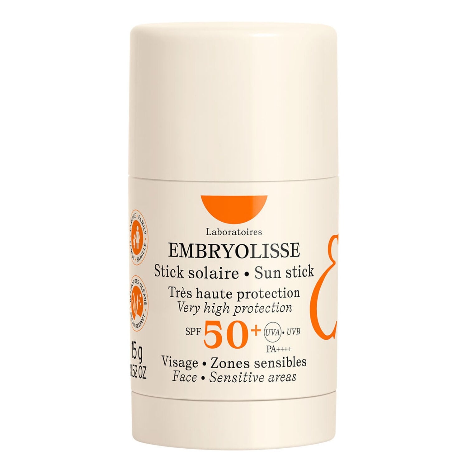 Crème solaire Stick Visage Zones Sensibles Très Haute Protection Spf 50+ Non Gras Non Collant Résistant à l'Eau EMBRYOLISSE 