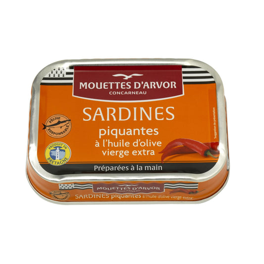 Sardines Piquantes à l'Huile d'Olive LES MOUETTES D'ARVOR la boîte de 100g