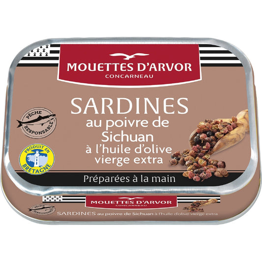 Sardines au Poivre de Sichuan et à l'Huile d'Olive LES MOUETTES D'ARVOR la boîte de 115g