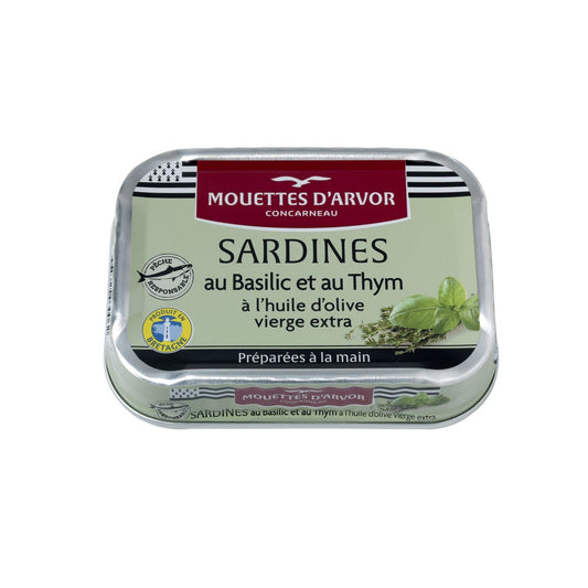 Sardines à l'Huile d'Olive Basilic et Thym LES MOUETTES D'ARVOR la boîte de 115g