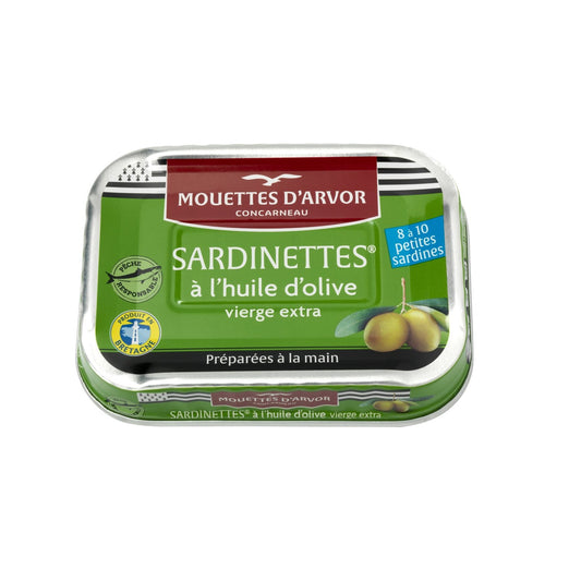 Sardinettes à l'Huile d'Olive Vierge Extra LES MOUETTES D'ARVOR la boîte de 100g