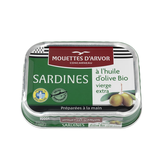 Sardines Entières à l'Huile d'Olive Bio LES MOUETTES D'ARVOR la boîte de 115g